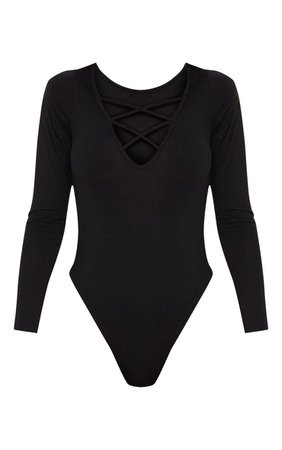 Maisey Black Lace Up Jersey Thong Bodysuit | PrettyLittleThing USA