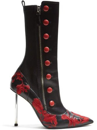 Flower Embroidered Leather Boots - Womens - Black Red