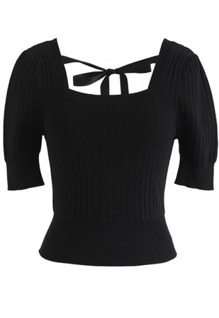 Square Neck Knot Tie Crop Knit Top in Black - NEW ARRIVALS - Retro, Indie and Unique Fashion