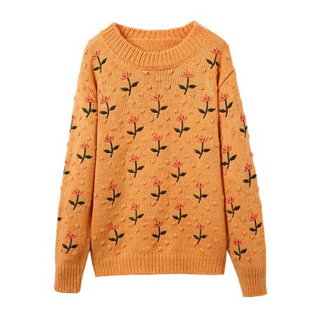 PERHAPS U women hairball white orange sweater knitted pullovers long sleeve crew neck flower print pattern autumn winter M0184|Pullovers| - AliExpress