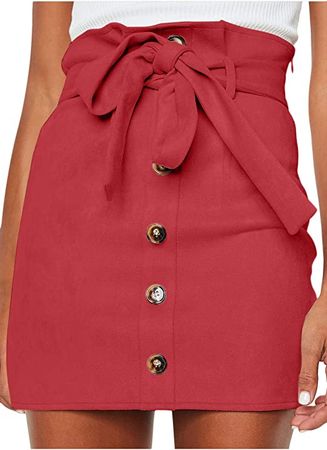 Meyeeka Women Stretch Belted Skirt High Waist Faux Suede Bodycon Pencil Casual Mini Skirt L Red at Amazon Women’s Clothing store