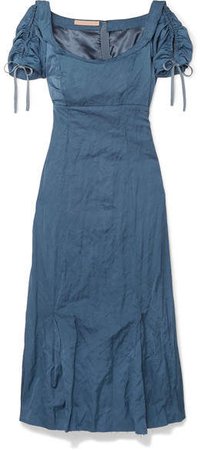 Ruched Crinkled Matte-satin Midi Dress - Light blue