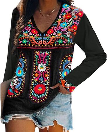 Melliflo Long Sleeve Mexican Shirts for Women Floral Embroidered Peasant Blouse Ethnic Style Boho T-Shirts at Amazon Women’s Clothing store
