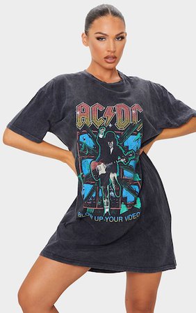 Black Acdc Print Acid Wash T Shirt Dress | PrettyLittleThing USA