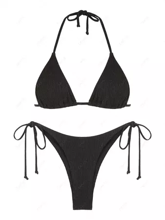 ZAFUL Ribbed Tie Side Metallic Glitter String Bikini Swimwear In BLACK | ZAFUL 2024