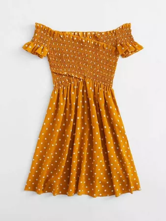 Plus Polka Dot Shirred Bodice Frill Trim Bardot Dress | SHEIN USA