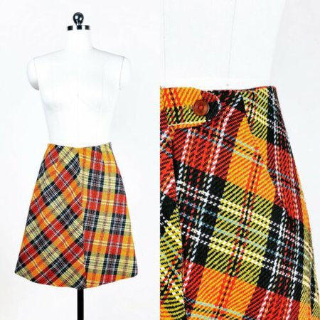 Vintage 60s 70s Plaid Wool High Waisted Skirt Red Yellow S 26 | eBay