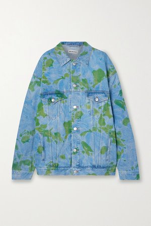 Oversized Floral-print Denim Jacket - Blue