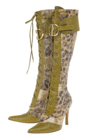 Christian Dior Green Ostrich Leopard Print Lace-Up Knee Boots