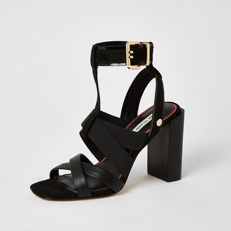 Black elasticated strap block heel sandals | River Island