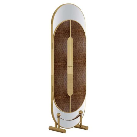 Modern Standing Floor Mirror, Folding Panel in Leather, Gold Stainless Steel