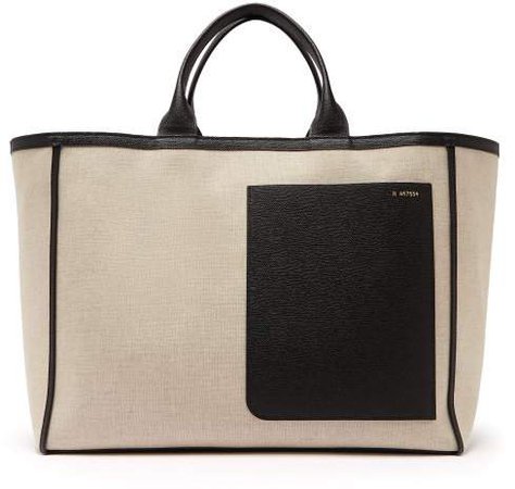 Leather Trimmed Canvas Tote Bag - Womens - White Black