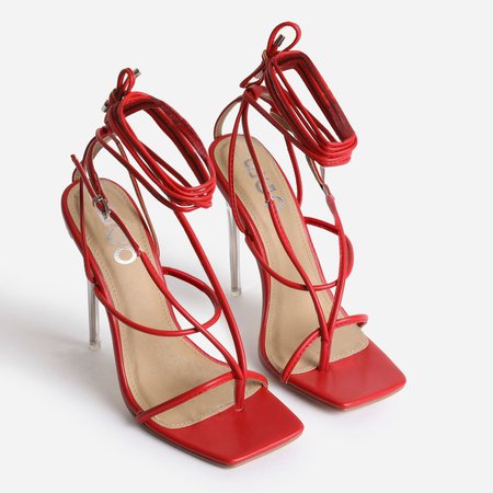 True Square Toe Lace Up Clear Perspex Heel In Red Faux Leather | EGO