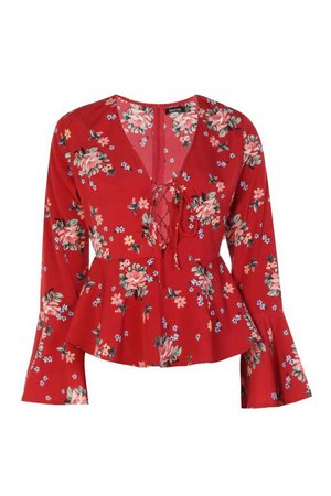 Printed Lace Up Flare Sleeve Blouse | Boohoo