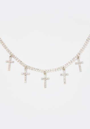 Rhinestone Cross Charms Necklace - Silver | Dolls Kill