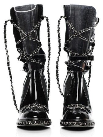 CHANEL PATENTED CHAINED TALL COMBAT BOOTS 39 BLACK