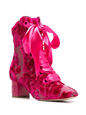 Moschino patterned jacquard lace up booties in fuschia pink