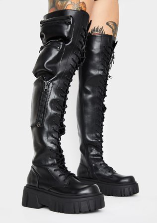 Current Mood Thigh High Utility Boots Pockets Lace Up Vegan Leather Platform Black | Dolls Kill