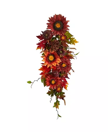 Nearly Natural 35" Autumn Sunflower, Pumpkin and Berries Artificial Teardrop