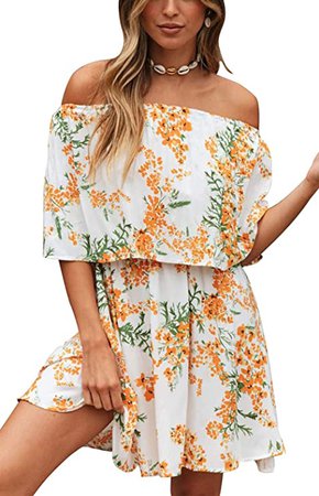 ZESICA Women's Summer Floral Printed Off The Shoulder Elastic Waist A Line Swing Beach Short Dress White at Amazon Women’s Clothing store