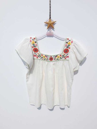 MEXICAN Gauze Top With Colorful Embroidered Yoke