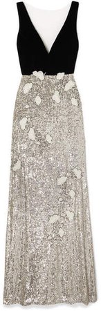 Velvet And Embellished Tulle Gown - Silver