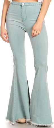 Anna-Kaci Women's Fashion Bell Bottom Jeans High Waist Flared Jean Destroyed Raw Hem Denim Pants, Powdered Blue, Medium at Amazon Women's Jeans store