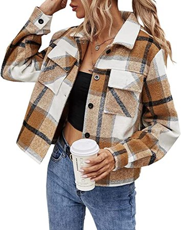 Amazon.com: Hongqizo Women Long Sleeve Button Front Plaid Jackets Flannel Wool Blend Casual Plaid Shirts Coat Shackets : Clothing, Shoes & Jewelry
