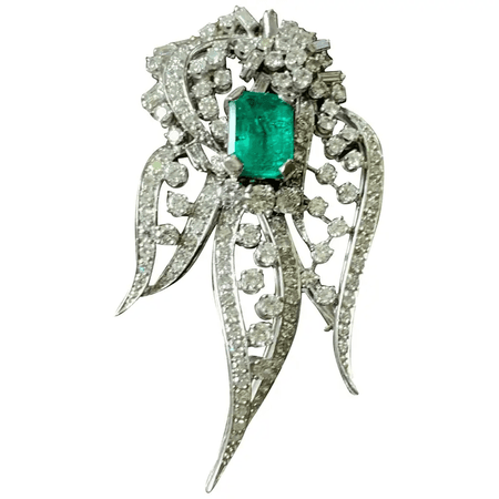 Elegant 1970 Vintage Platinum Diamond and Emerald Brooch