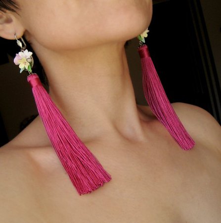 Extra long tassel boho earrings Floral earring Pink bright | Etsy