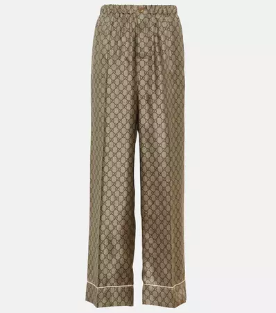 GG Supreme Wide Leg Silk Pants in Brown - Gucci | Mytheresa