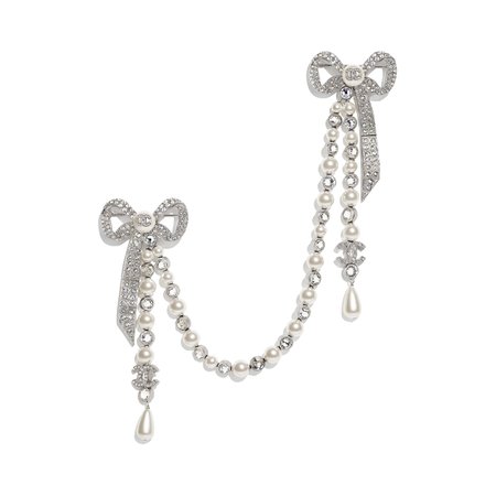 Chanel, brooch Metal, Glass Pearls, Imitation Pearls & Strass Silver, Pearly White & Crystal