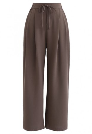 Drawstring High-Waisted Wide-Leg Pants in Brown - NEW ARRIVALS - Retro, Indie and Unique Fashion