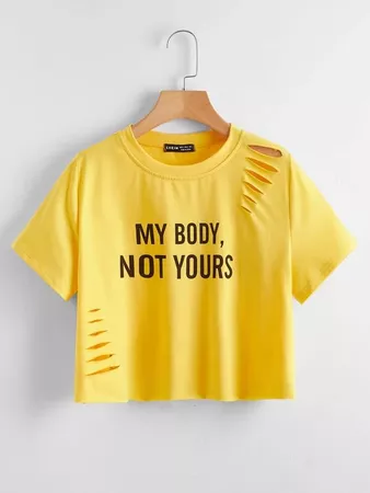 Letter Graphic Ripped Crop Tee | SHEIN USA yellow
