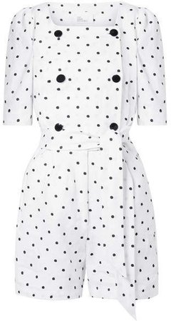 Diana Double-breasted Embroidered Polka-dot Linen Playsuit - White
