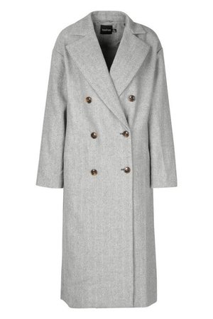 Herringbone Wool Look Button Through Coat | Boohoo grey