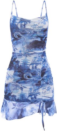 blue oriental ruched dress