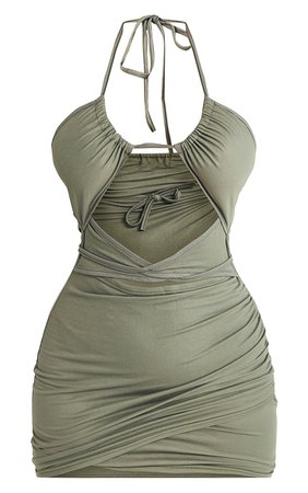 Khaki Halterneck Ruched Cut Out Bodycon Dress | PrettyLittleThing