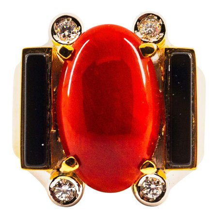Art Deco Style Mediterranean Coral White Diamond Onyx Yellow Gold Cocktail Ring For Sale at 1stDibs