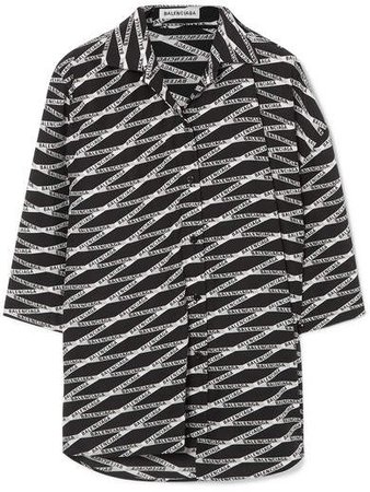 Oversized Asymmetric Printed Silk-crepe Shirt - Black