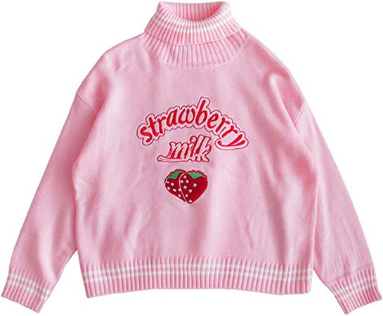 Women Cute Strawberry Embroidered Loose Kawaii Sweaters Ulzzang Female Casual Harajuku Winter High Neck Pullover (Pink, OneSize) at Amazon Women’s Clothing store