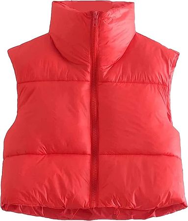 SOLILOQUY Women Winter Zip Up Crop Vest Stand Collar Sleeveless Puffy Puffer Padded Gelit Waistcoat Warm Lightweight(Red, S) at Amazon Women's Coats Shop