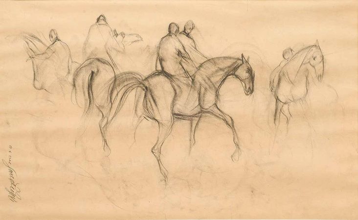 Sunil Das - Early Horses X, Charcoal Drawing, Brown, Black by Padmashree Sunil Das"In Stock" For Sale at 1stDibs