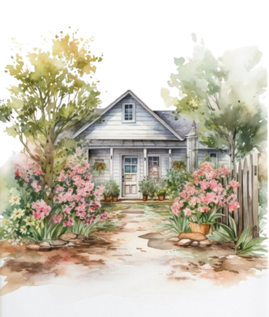 Spring House Watercolor Clipart PNG:KlosetKouture