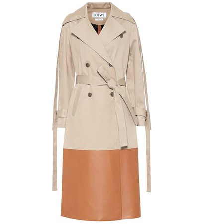 Leather-trimmed trench coat
