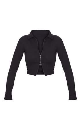 Black Jumbo Rib Collar Double Zip Top | Tops | PrettyLittleThing