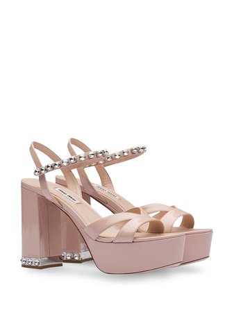Miu Miu Crystal Embellished Platform Sandals 5XP850F1103AFQ Pink | Farfetch