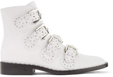 Elegant Studded Leather Ankle Boots - White