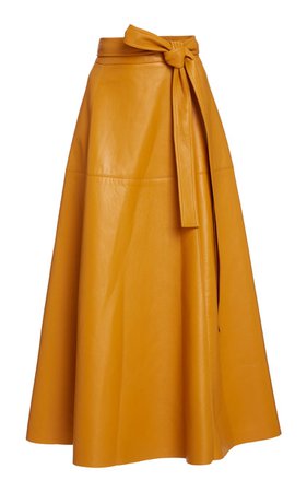 Tie-Detailed Leather Midi Skirt by Oscar de la Renta | Moda Operandi