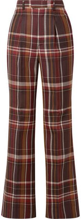 Checked Wool And Silk-blend Flared Pants - Brown